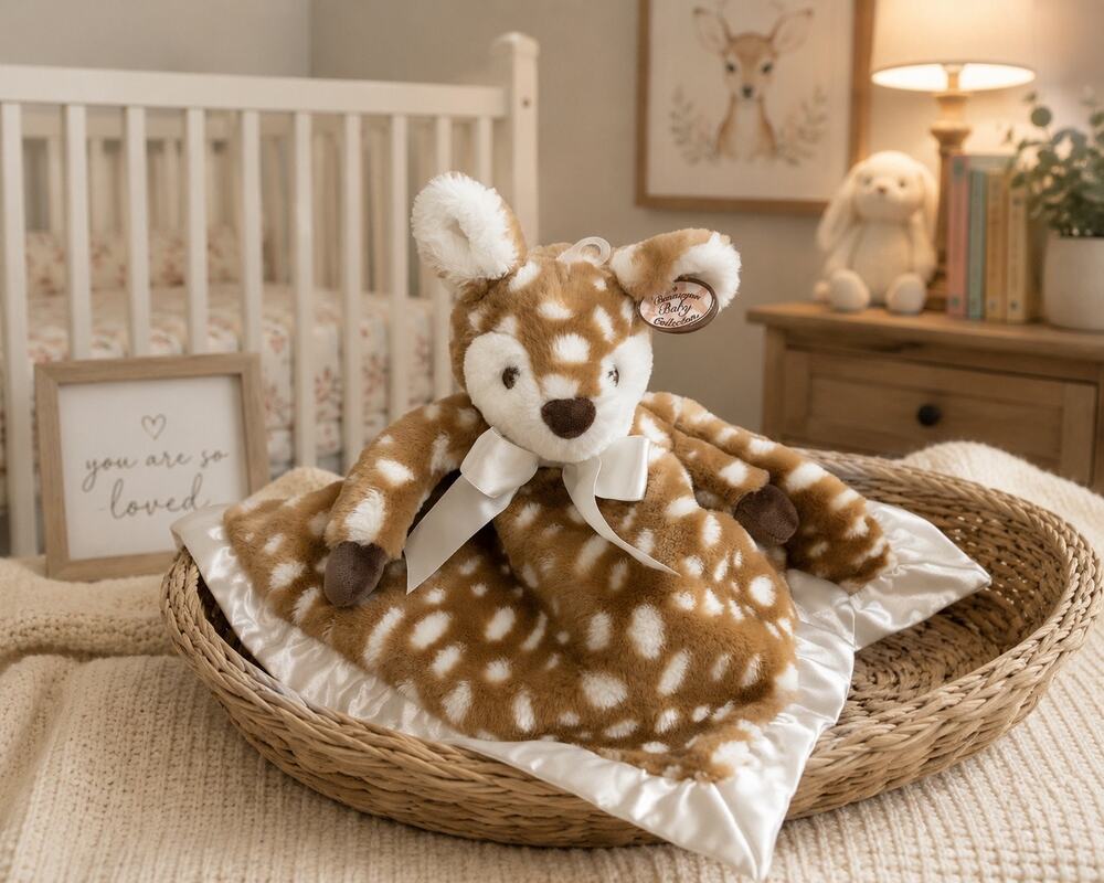 Bearington Baby Collection Fawn Deer Lovey Security Blanket Satin Trim 18”